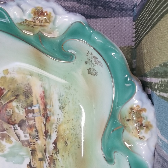 Germany Three Crown China Big Cottage Scenic Bowl With Wavery Green Gold Flowers - Picture 7 of 16